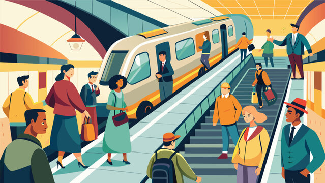 Diverse commuters ascend escalator at station with modern train arriving during daytime