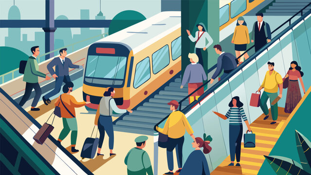 Diverse commuters boarding a modern train during daylight on a busy urban station platform