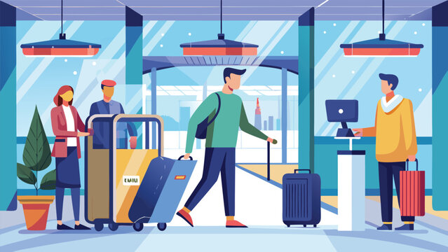 Travelers with luggage in a modern airport terminal during daytime with bright ambient light and cityscape view