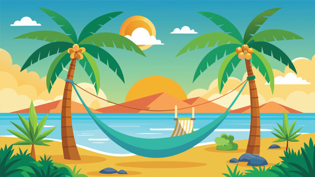 Hammock between palm trees during sunset on a tropical beach with ocean view and mountains beyond