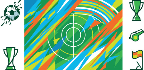 Abstract Soccer Field Graphic Background with Football Icons Trophy Whistle Corner Flag and Exploding Ball Elements © MstSuraiya