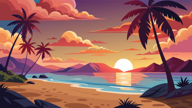 Tropical beach at sunset with palm trees and vibrant sky over calm ocean waters