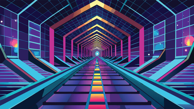 Retro futuristic neon tunnel with glowing geometric patterns and vibrant purple and pink lighting