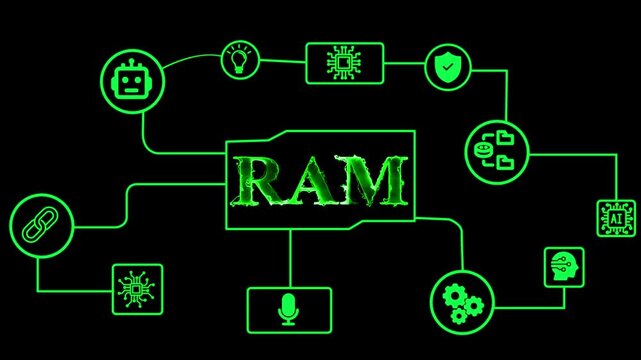 RAM memory concept graphic. Digital computer hardware schematic with glowing green lines.