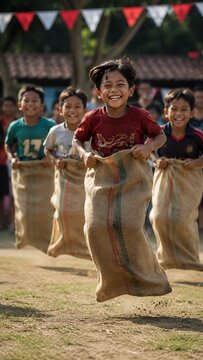 Joyful young boys enthusiastically participate in a traditional sack race outdoors, smiling broadly during a fun community event.