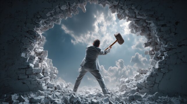 Businessman breaking through a brick wall with a sledgehammer revealing a cloudy sky beyond
