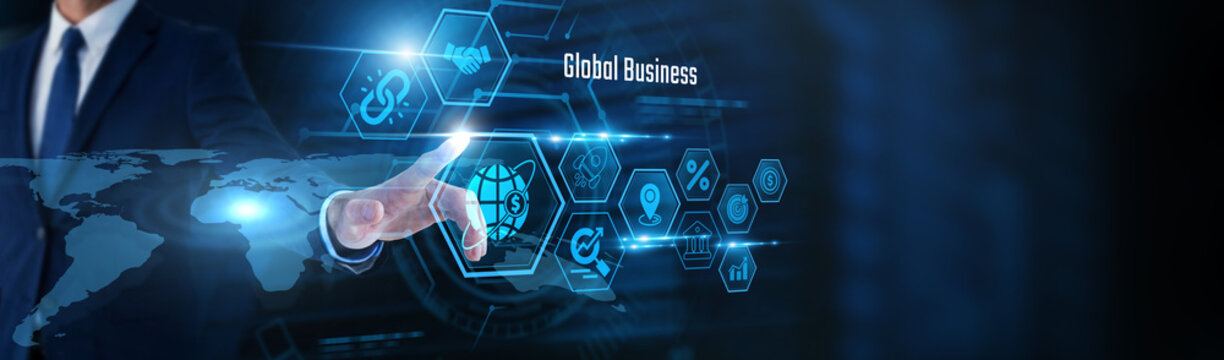 Businessman touch Global Business, and market data. International trade, global commerce, business expansion, cross-border partnerships, economic growth, multinational strategy, corporate development.