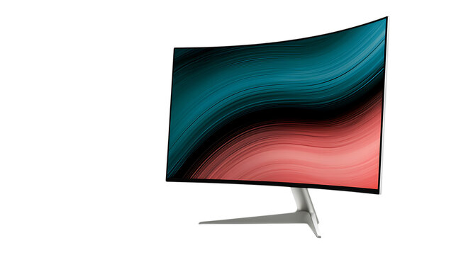 Curved computer monitor with abstract flowing lines displayed on transparent background screen