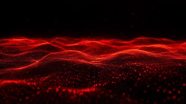 Abstract red glowing digital wave grid with particles on black background