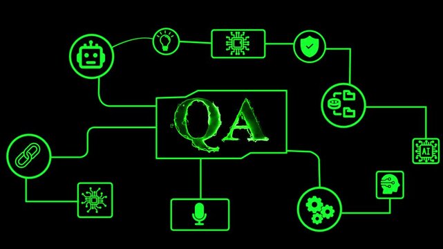 Quality assurance text with digital network lines. QA testing concept on dark background.