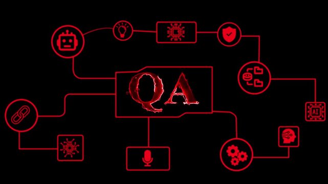 QA quality assurance concept. Red digital network diagram for software testing process.