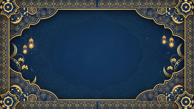 Islamic Ramadan Background with Golden Ornate Frame, Crescent Moon, Lanterns