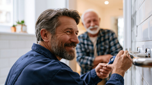 Rear view of an occupational therapist installing a grab bar in a bright bungalow bathroom while an elderly client observes from the doorway home safety modification concept