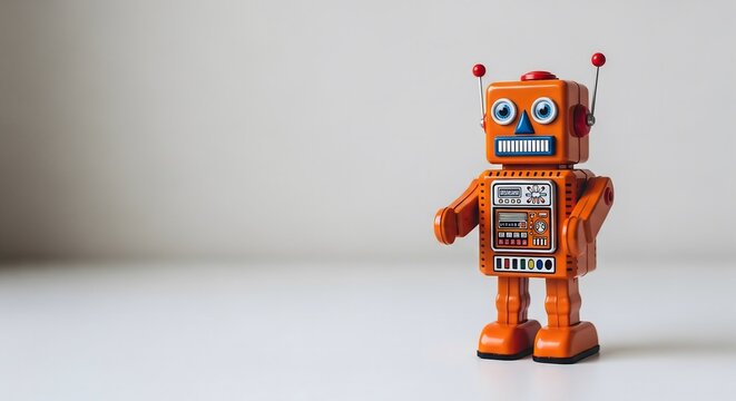Vintage orange tin robot toy on white background, retro futuristic concept