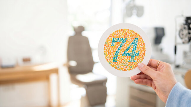 Color blindness Ishihara test plate with number 74 in optometrist office  