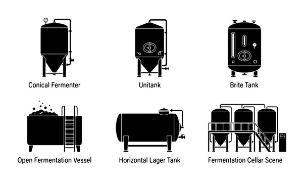 Brewery Fermentation Tanks Set: Conical Fermenter, Unitank, Brite Tank, Open Vessel, Lager Tank, Cellar Scene Icons