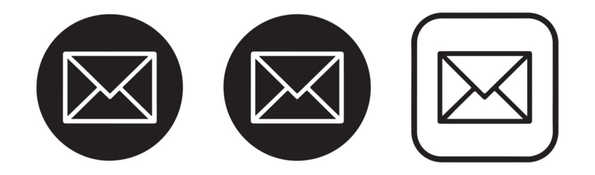 Email icons black circles and rounded square outline vector isolated on transparent background concept.