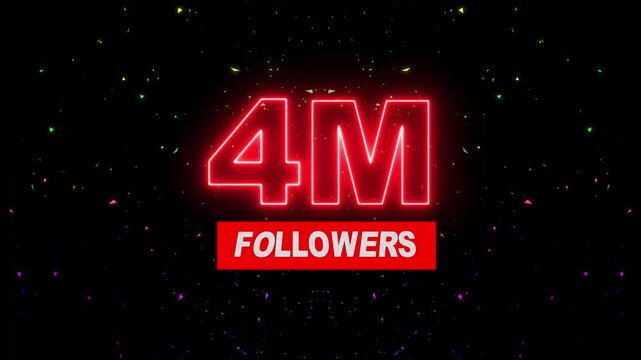 Thank you 4M followers. 4,000 followers realistic neon sign on the black background animation. neon 4M Follower neon Text And Firework Animation Subscribers. 4K footage motion animation...