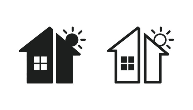Indoor and outdoor icon set, inside and outside symbols, entrance and exit indicators, navigation signage, building access graphics, editable vector illustration.