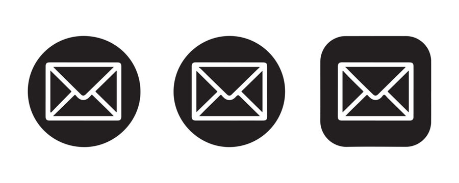 Email icons black circles and rounded square outline vector isolated on transparent background concept.