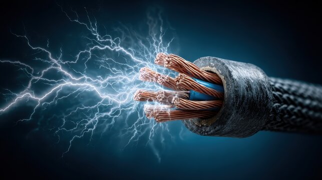 Dynamic image of frayed electrical cable emitting sparks against a dark blue background