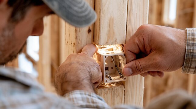 Medium shot of newwork nonmetallic electrical box being installed inside a wall stud for upcoming wiring connections in residential construction.