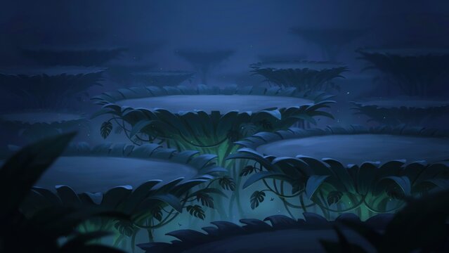 Abstract fantasy forest with giant floating lily pad platforms at night time