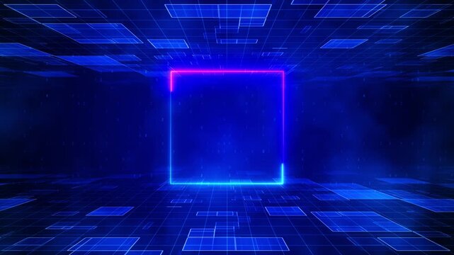 Neon blue cube grid interface square frame, futuristic room perspective, floating panels, digital data marks. AI cyber security intros, software promos, virtual dashboards, tech motion backgrounds.