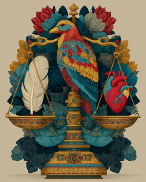 Illustration of balance scale between white feather and human heart