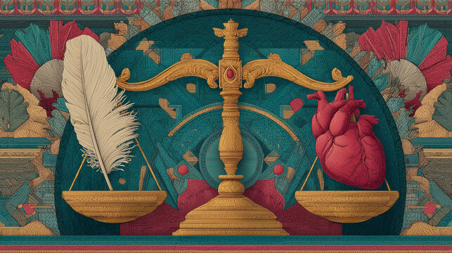 Illustration of balance scale between white feather and human heart