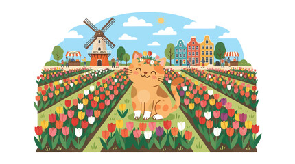 Obraz premium Cute cat wearing flower crown sitting in beautiful tulip field in Holland vector art landscape