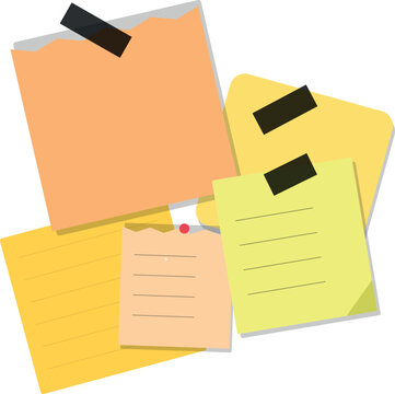 Group of colorful sticky note papers with black tape and push pins for office work and reminders
