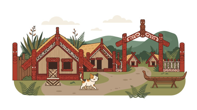 Cute orange tabby cat walking in front of traditional Māori marae building in New Zealand