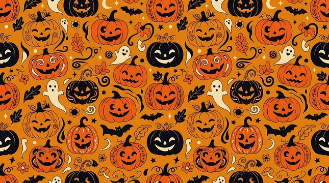 Playful halloween seamless pattern with pumpkins and ghosts