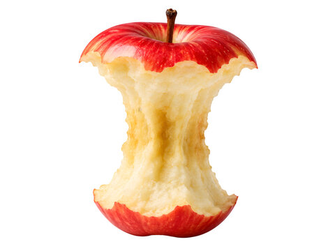 Red apple core with bite marks, eaten fruit remains, organic food waste concept isolated on Transparent Background