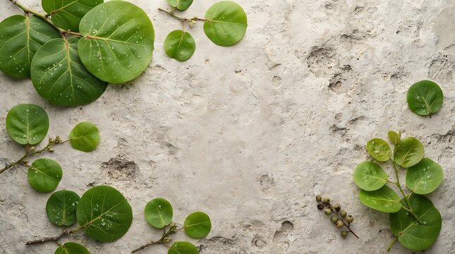 Flat lay composition of sea grape leaves and berries on a textured light stone background, top view with copy space