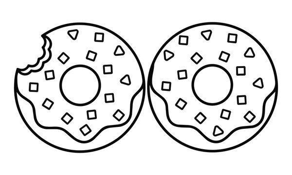 Two circular donuts with geometric sprinkle toppings and a bite mark in a clean monoline style isolated on a white background, minimal food icon design