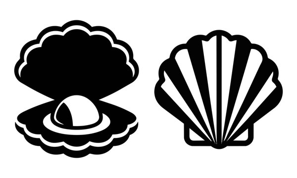 Set of two minimalist scallop shell icons featuring open and closed shapes in a monochrome flat graphic style on a white background for a marine life concept