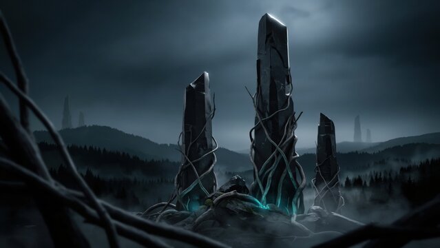 Mystical stone monoliths wrapped in vines within a dark foggy landscape