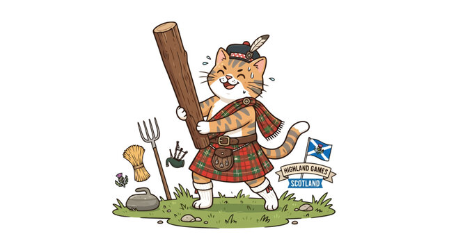 Cute cartoon cat wearing Scottish kilt and tam o shanter hat lifting heavy wooden caber log