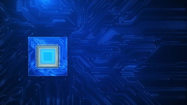 Blue processor circuit board glowing chip, electronic line paths, digital nodes, wide tech copy space. AI computing intros, cyber security screens, software promos, hardware demos, data motion