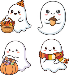 Obraz premium Cute cartoon ghosts set with autumn elements for fall season celebration vector illustration in flat style