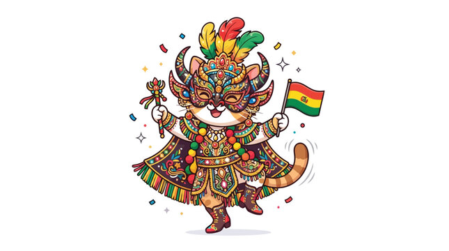 Ginger cat dancer in colorful Bolivian carnival costume holding flag and ceremonial staff