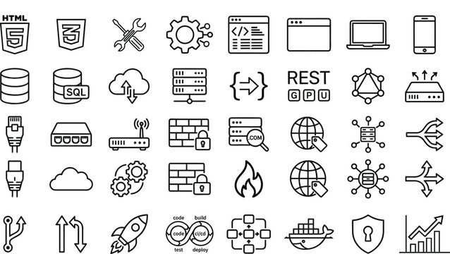 Minimalist vector line art icon set of web programming backend software engineering DevOps deployment and cloud network infrastructure elements