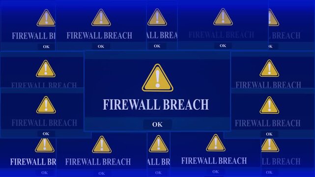 Firewall Breach  Alert Warning Error Window Pop-up Notification Box On Black Screen. digital Glitch Computer Monitor screen. 4k video animation on black background.