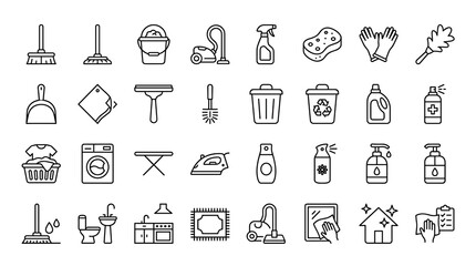 Home cleaning outline icon set with editable housekeeping and sanitation symbols isolated on white background © Liton