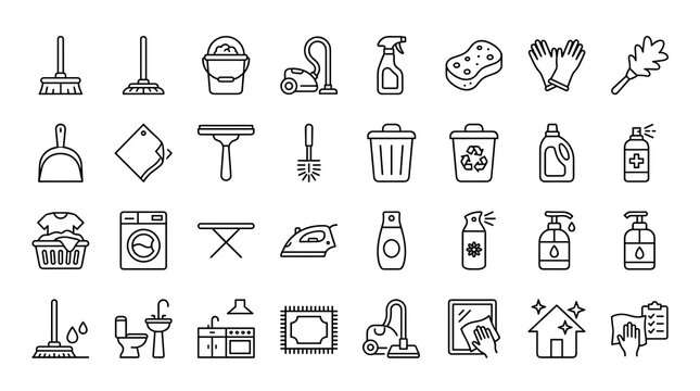 Home cleaning outline icon set with editable housekeeping and sanitation symbols isolated on white background