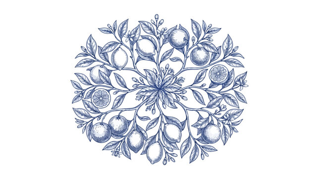 Vintage citrus fruit wreath in blue ink style, hand drawn lemon and orange botanical illustration, elegant floral circle vector for packaging
