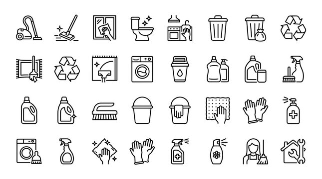Editable home cleaning line icon collection with housekeeping service symbols isolated on white background