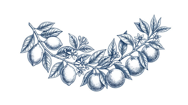 Vintage lemon and orange branch vector illustration, hand drawn citrus fruit garland with leaves and blossoms, blue ink sketch botanical border